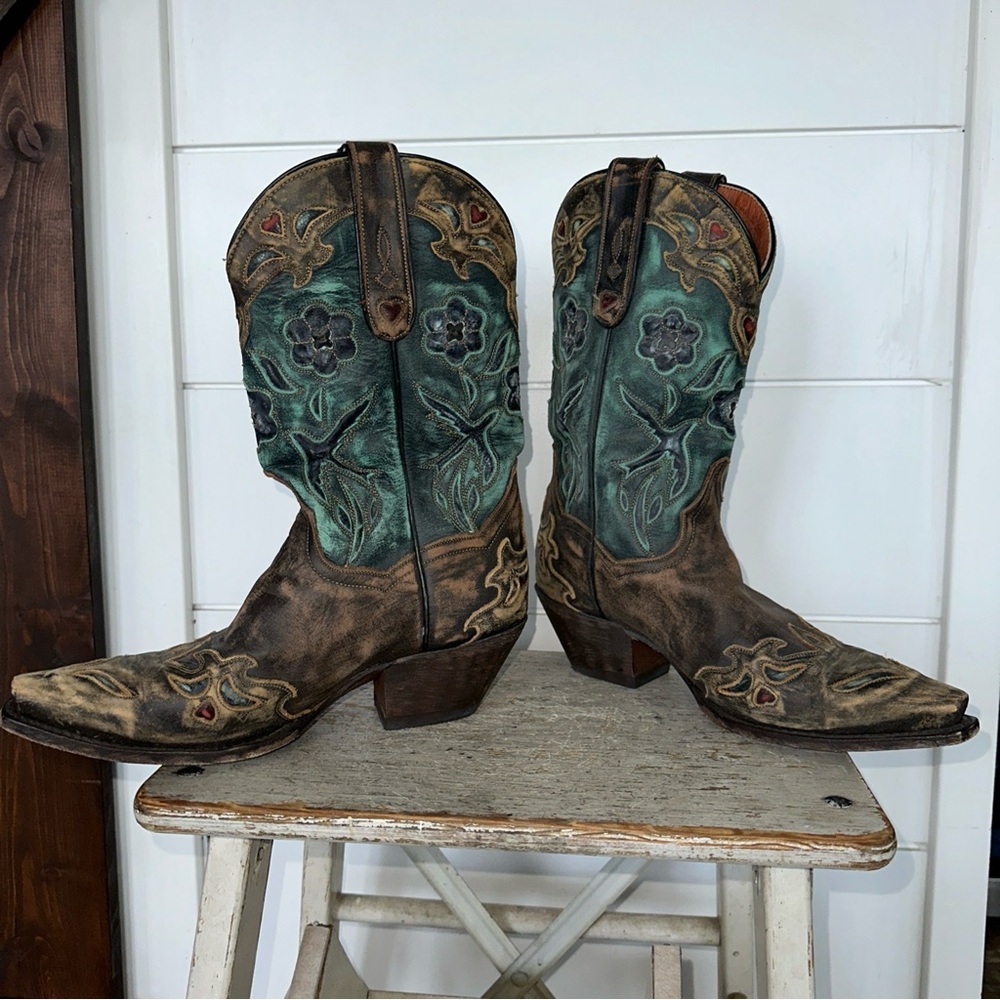 Dan Post Miss Kate Distressed Brown Teal Blue bird  Wing Tip Cowboy Boots Sz 7 - Picture 5 of 7